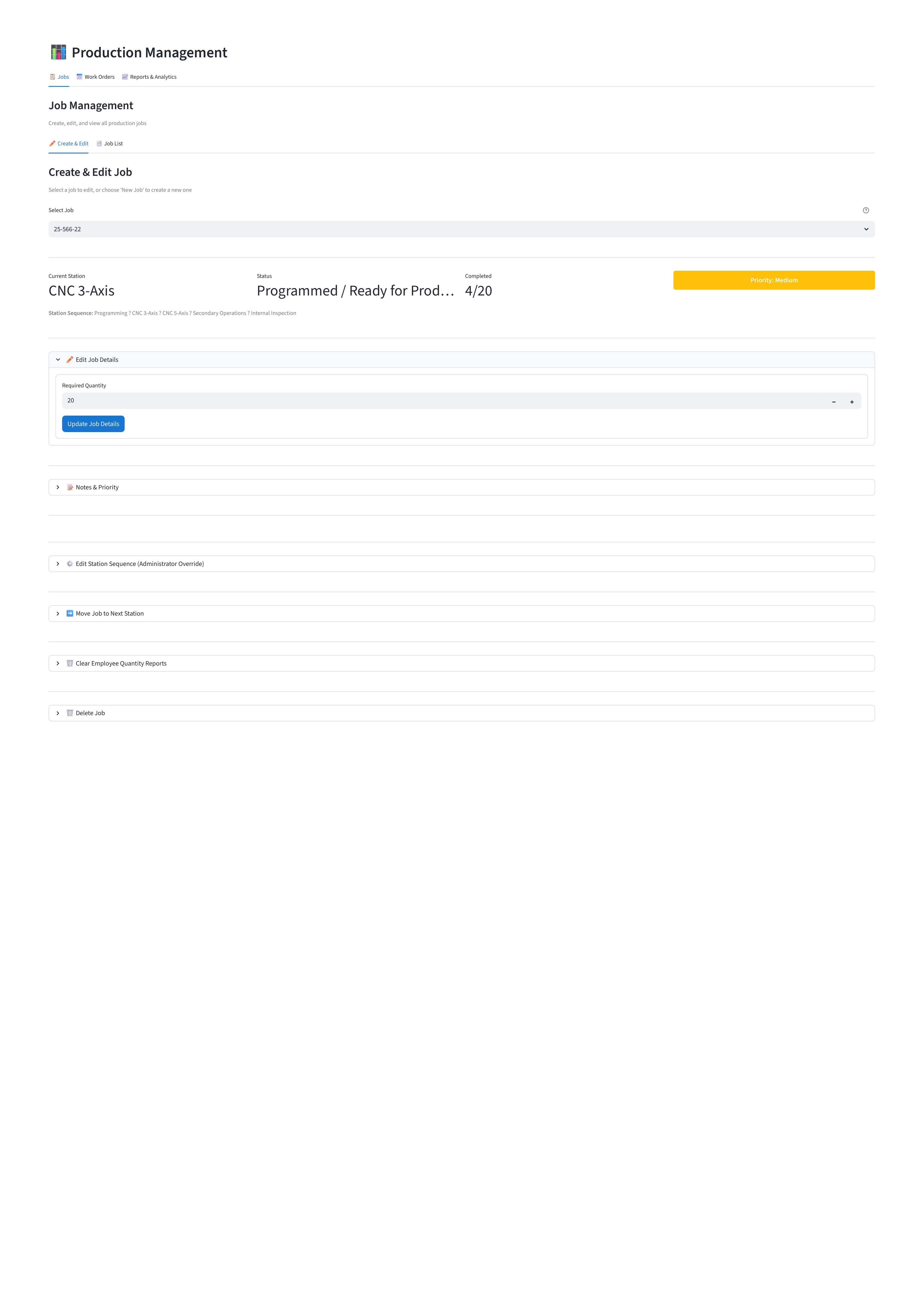 מסך Manager View עם הגדרת Job כרצף תחנות למסע פריט