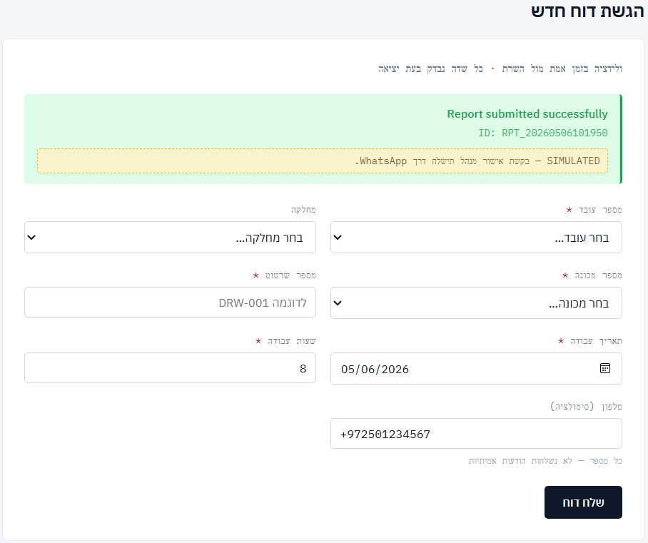 אישור הצלחה לאחר שליחת דיווח