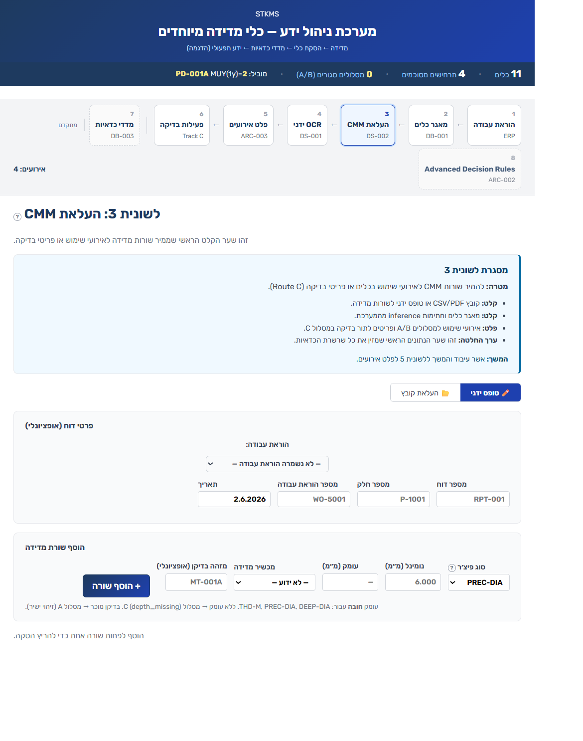 שער קלט CMM — קובץ CSV/PDF או טופס ידני לשורות מדידה